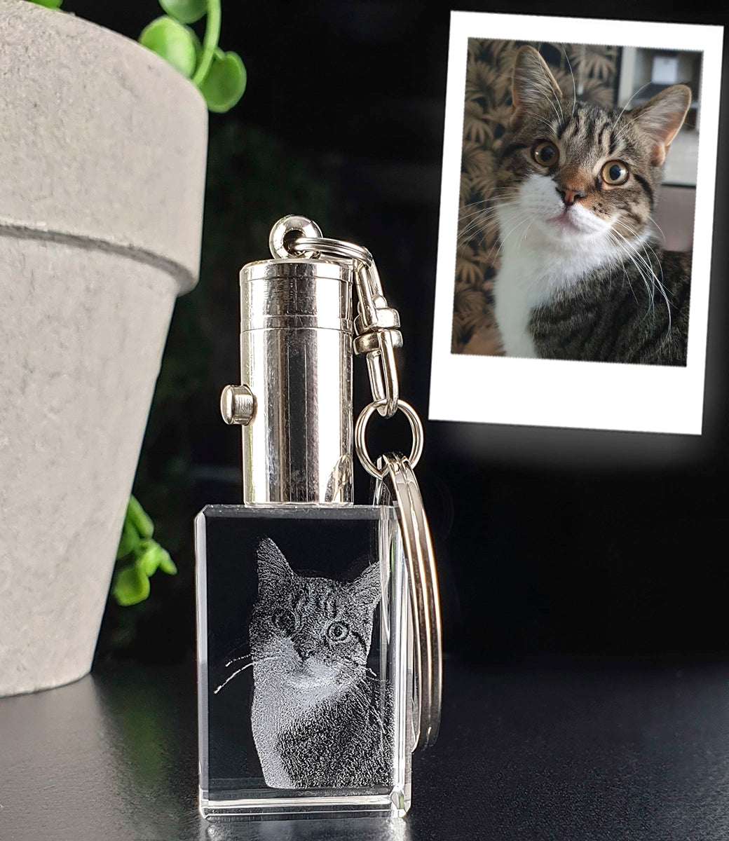 Sleutelhanger met blauw lichtje en 3D foto in glas